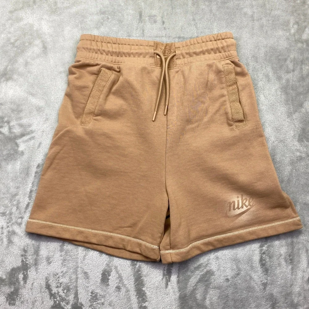 Nike Sportswear French Terry Shorts Tan Brown Logo Drawstring‎ Waist XS Fits 25